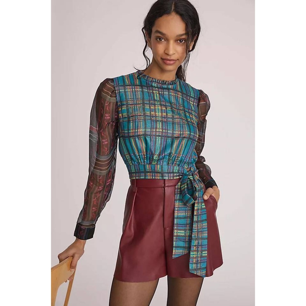Anthropologie Roopa Pemmaraju Silk Cotton Plaid Crop Top Blouse Tie Waist M